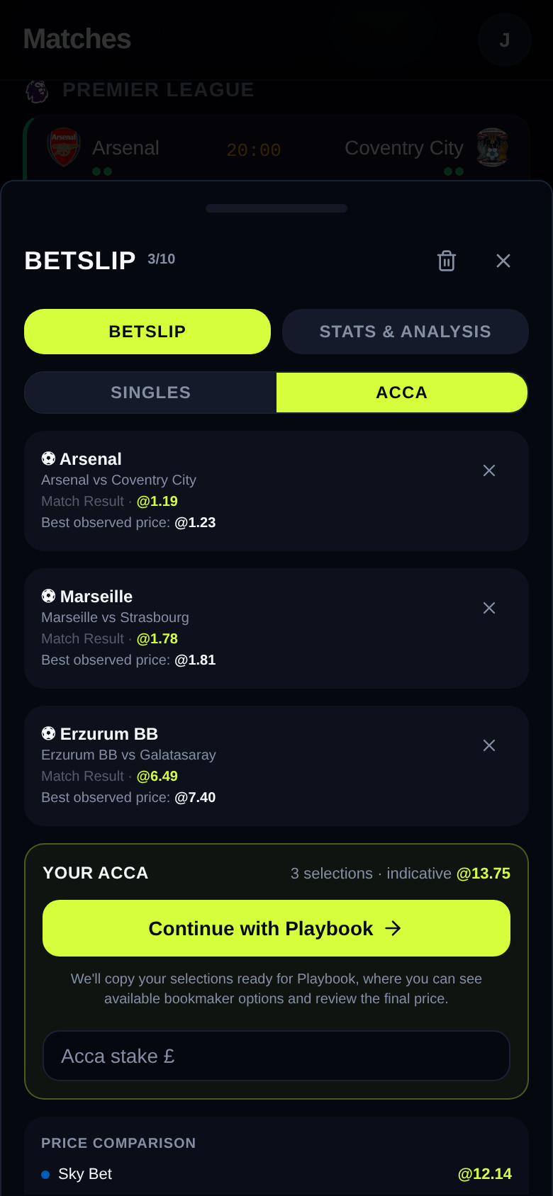 ScoutD betslip with three selections, combined odds and the Continue with Playbook button